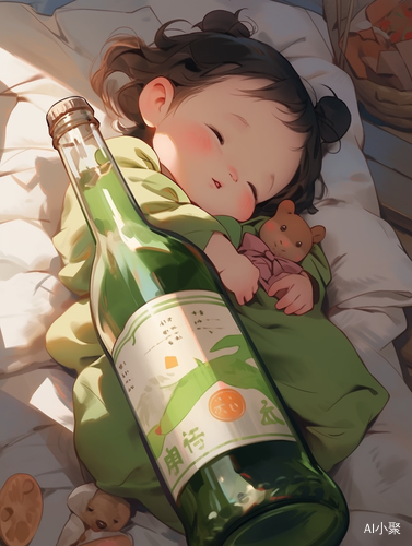 Cute Baby Girl Sleeping with Green Soju Bottle