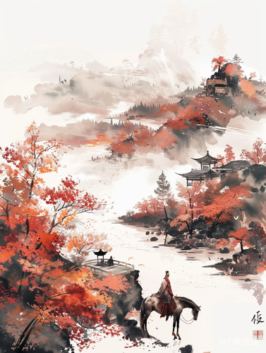 秋高饮马图-古风插画与山水画的国风之旅