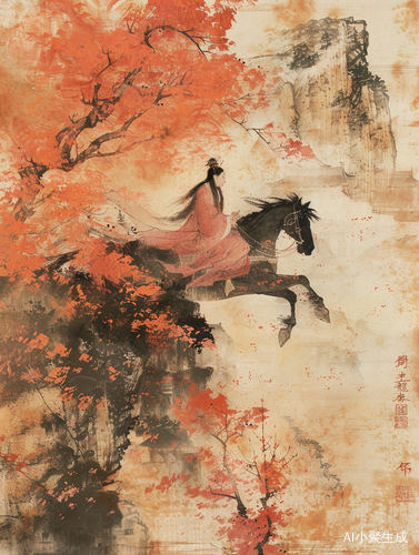 秋高饮马图-古风插画与山水画的国风之旅