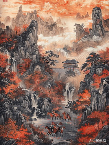 秋高饮马图-古风插画与山水画的国风之旅