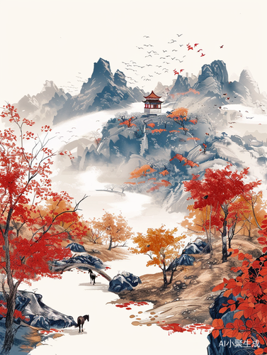 秋高饮马图-古风插画与山水画的国风之旅