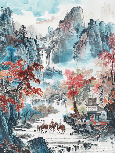 秋高饮马图-古风插画和山水画的技法与风格