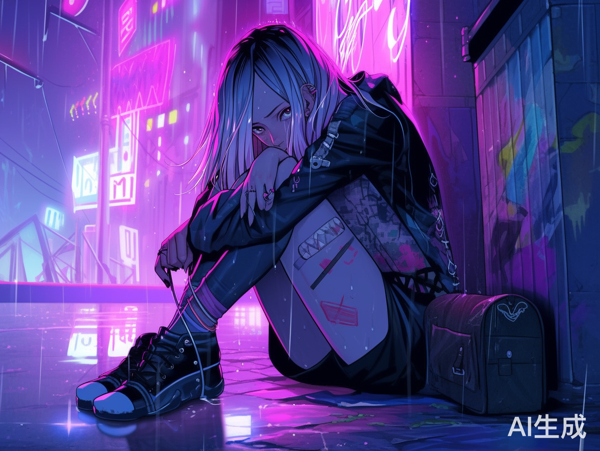 彩虹色头发的短发少年在赛博朋克风背景中哭泣