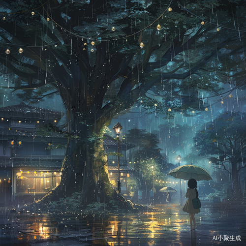 朦胧夜晚的小女孩与晶莹树叶
