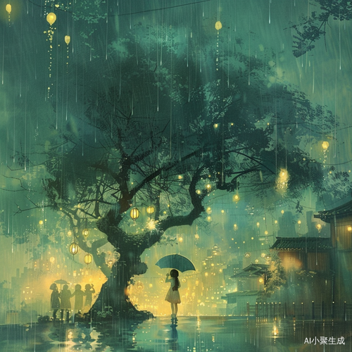 朦胧夜晚的小女孩与晶莹树叶