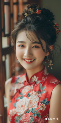中国年轻女子穿红旗袍的超逼真正面照