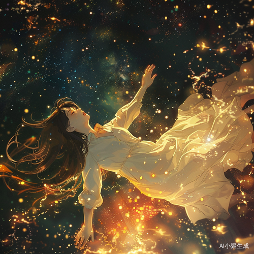 白裙长发女孩在星空坠落