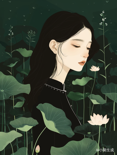 超模中国元素礼服设计感扁平插画墨绿色背景