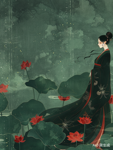 超模中国元素礼服设计感扁平插画墨绿色背景