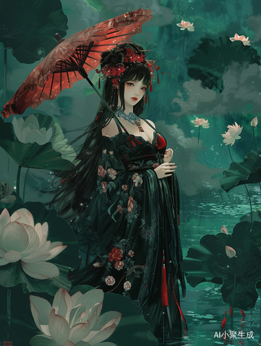 超模中国元素礼服设计感扁平插画墨绿色背景