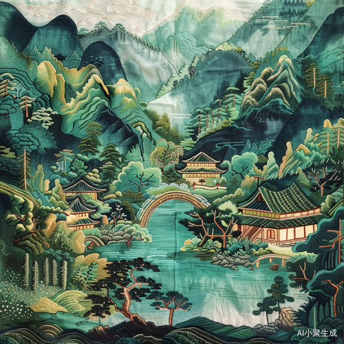 刺绣绿水青山国风插画手机壁纸艺术分享