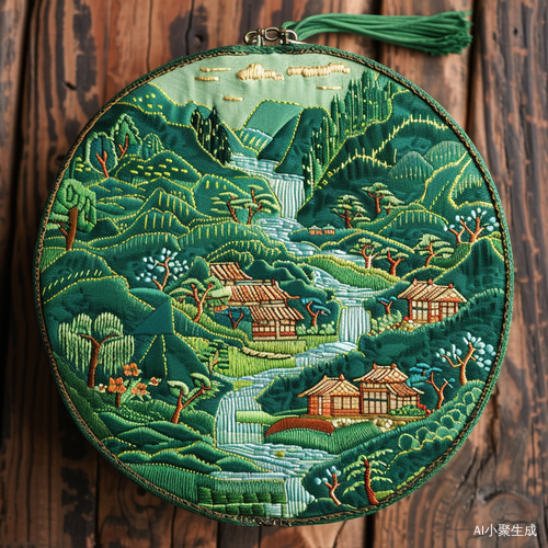 刺绣绿水青山国风插画手机壁纸艺术分享