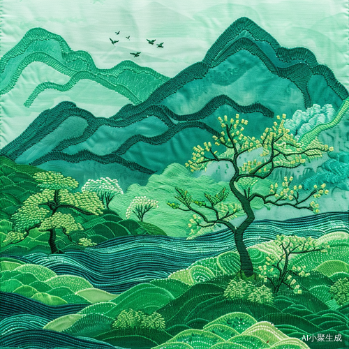 刺绣绿水青山国风插画手机壁纸艺术分享