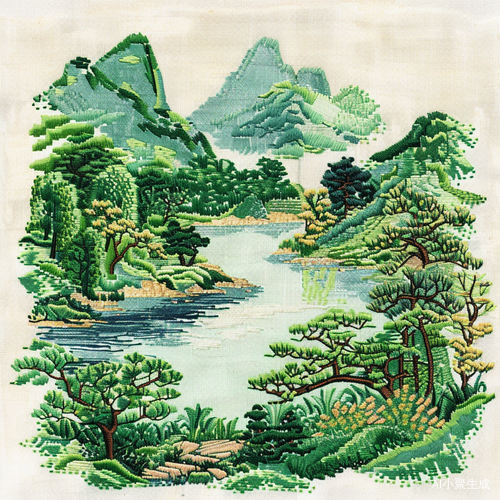 刺绣绿水青山国风插画手机壁纸艺术分享