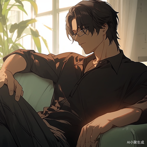 沙发上的黑色边框眼镜男子注视远方