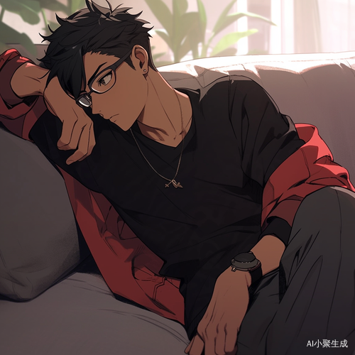沙发上的黑色边框眼镜男子注视远方