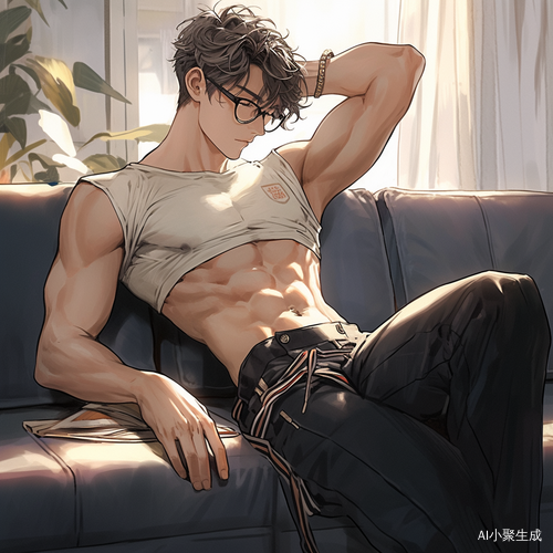 沙发上的黑色边框眼镜男子注视远方