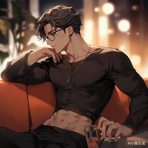 沙发上的黑色边框眼镜男子注视远方