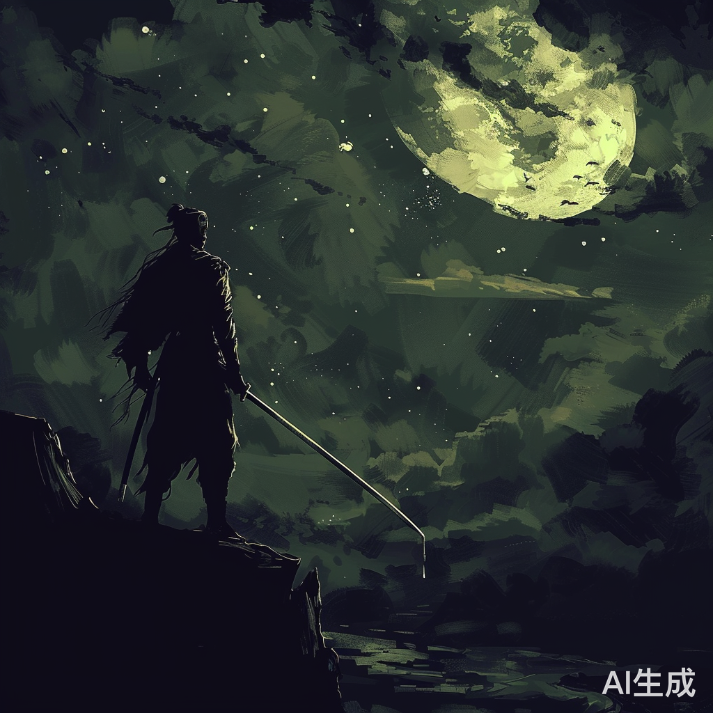 黑夜中一位男人拔剑的背影