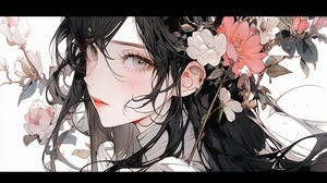 Cold and beautiful face, long black hair, fair skin, school flower, upper body.