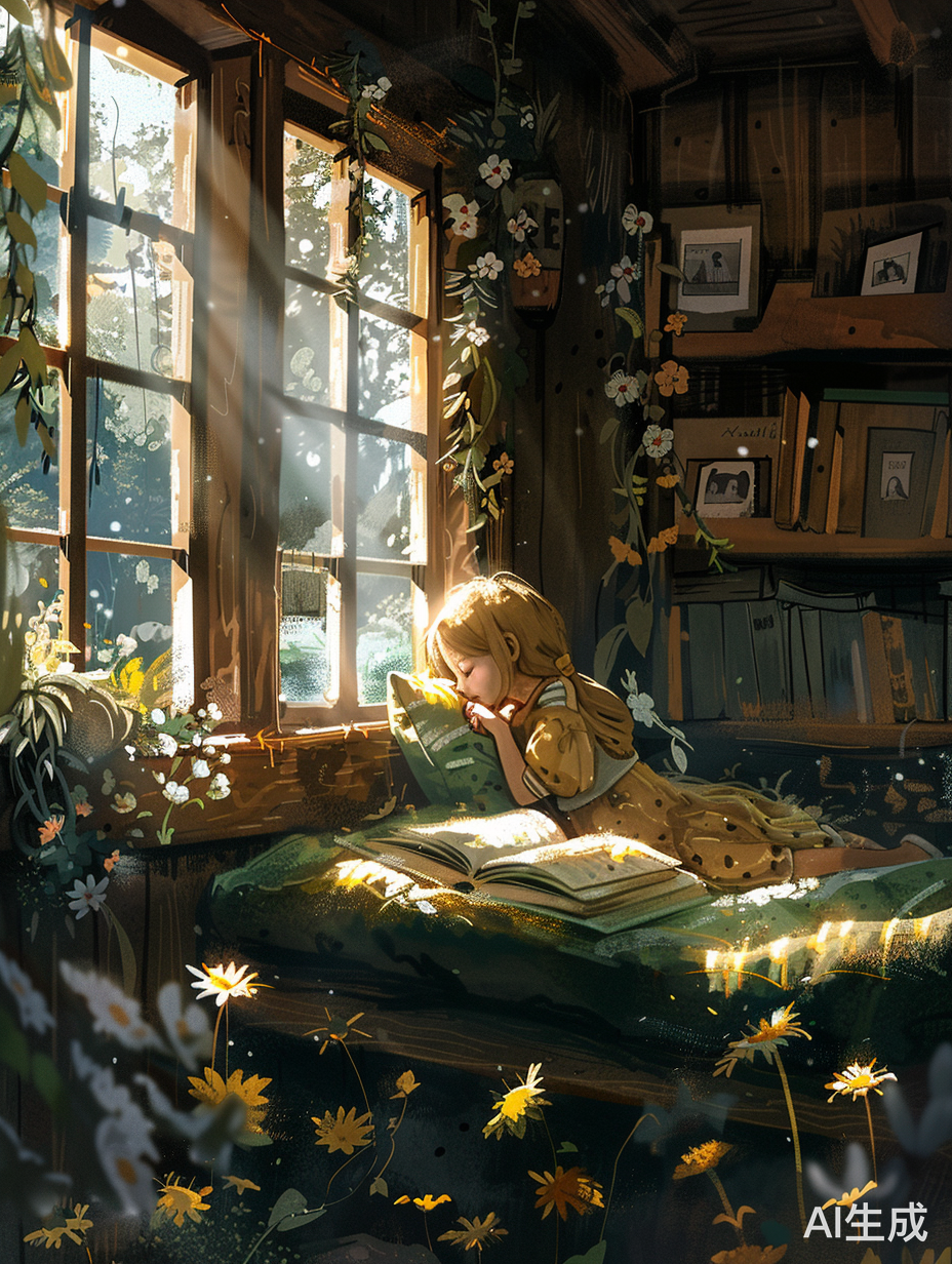 木质温馨小屋中的快乐女孩沉浸书香