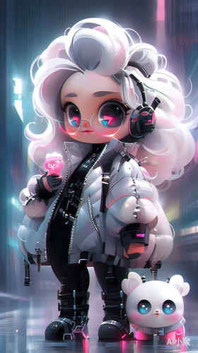 Cute Girl with White Hair in Cyberpunk Fashion