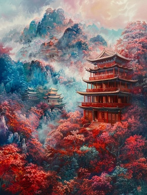 古代建筑 红色s.mj.runIQ3_eX0GXPY A painting depicting a colorful traditional Asian landscape, In the style of red and bronze, Large-scale mural, Monochrome realism, Bright painting, Fascinating illustrations, The art of precision, Historical Replica - Zechariah ar 3:4 stylize 50 iw 2s.mj.runIQ3_eX0GXPY一幅描绘多彩的传统亚洲风景的画作，以红色和青铜的风格，大规模壁画，单色现实主义，明亮的绘画，迷人的插图，精确的艺术，历史复制品-撒迦利亚