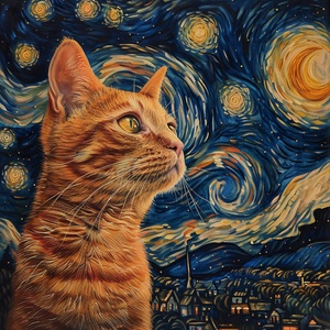 猫咪 星空a cat in a starry night painting, in the style of light red and amber, high detailed ar 3:4 stylize 750 v 6一只猫在星夜画，风格为淡红色和琥珀色，高细节