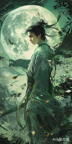 Chinese Boy in Traditional Hanfu Wielding Chinese Sword against Dragon in Scenic Moonlit Background