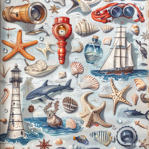 海洋动物与海上元素的手绘插画