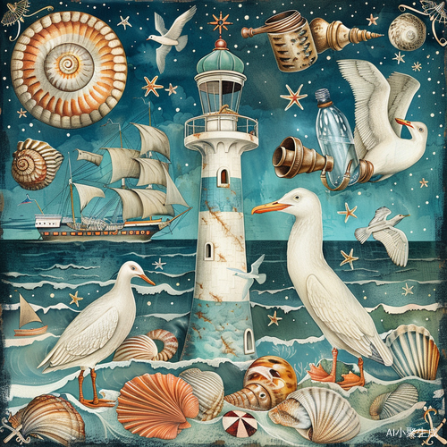 海洋动物与海上元素的手绘插画