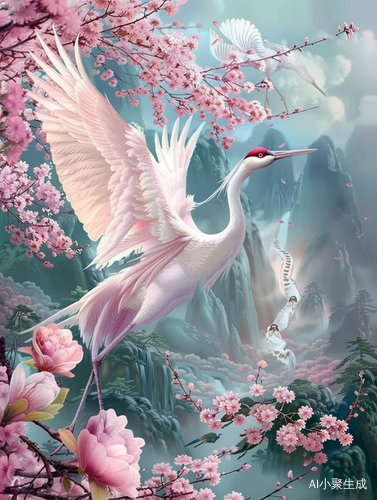 瑞鹤 花间粉鹤仙鹤的挥舞着翅膀，灵动绝美