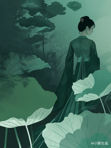 超模中国元素礼服设计感扁平插画墨绿色背景