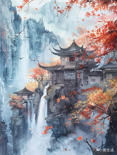 秋天的中国古代建筑水彩画