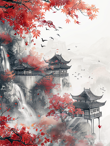 秋天的中国古代建筑水彩画