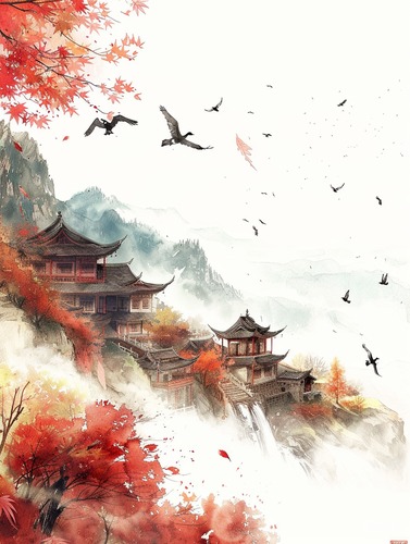 秋天的中国古代建筑水彩画