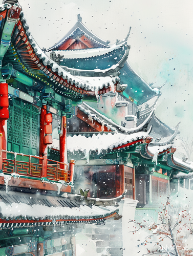 冬天水墨建筑画