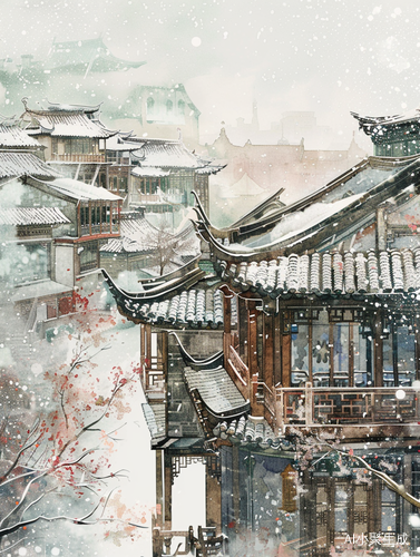 冬天水墨建筑画