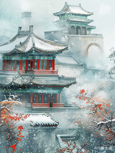 冬天水墨建筑画