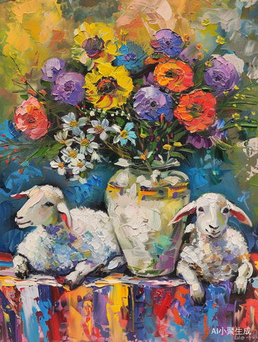 马蒂斯油画风格的田园小绵羊植物学作品