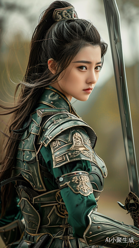 中国绿色盔甲女军的华丽全身照片