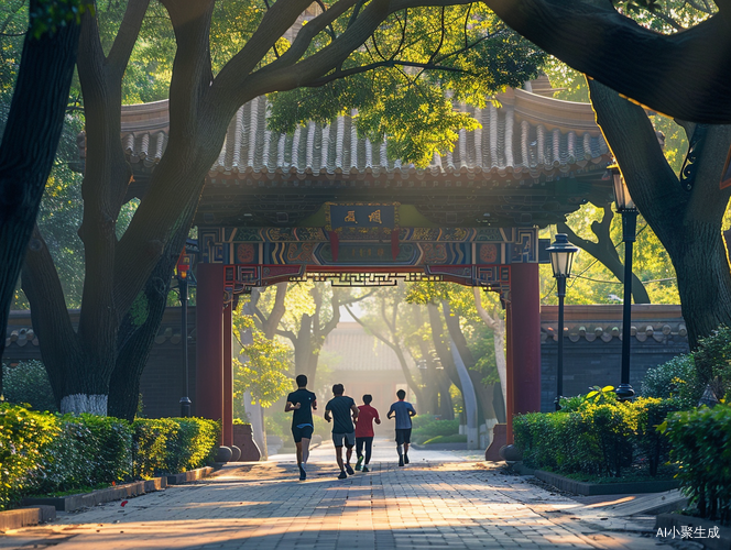 清晨公园古刹晨跑男女鲜艳运动衣开心