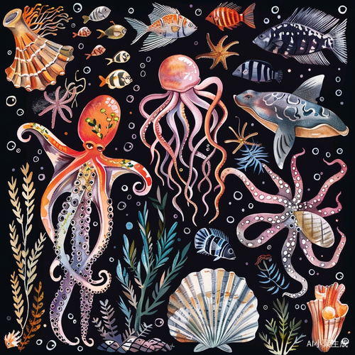 白底手绘插画：海鱼、水草、水母、章鱼、珊瑚、贝壳等元素