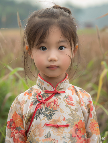 中国小女孩在乡村田野中的唯美浪漫