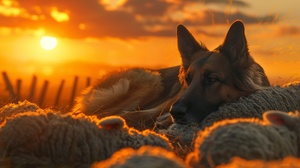 一只牧羊犬趴在喜羊羊身上，看着落日的余晖，心里惦念着它的主人，眼神中充满惆怅