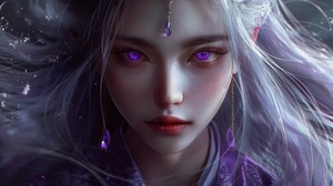 I A realistic picture of a medieval asian empress with long silver hair and bright purple eyes, using a long purple kimono and a amethyst on her forehead. relax v 6.0