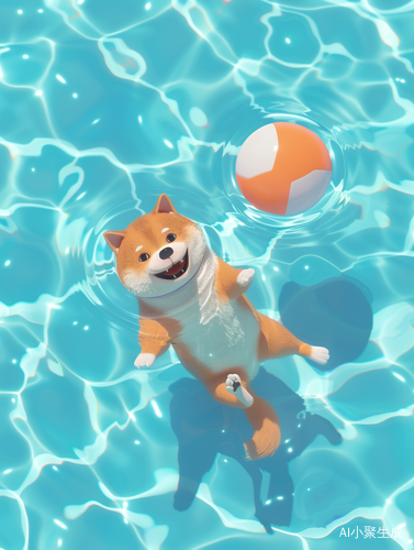 Cute Fat Shiba Inu Playing in Swimming Pool with Round Ball