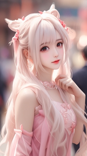 A cute Chinese girl with pink , delicate facial features and long hair, posing for the camera in an anime style. She has exquisite makeup on her face, wearing soft pink pajamas, and is leaning against one arm to show off the details of her hairstyle. The background color of the photo should be light pink, creating a warm atmosphere. in the style of an anime artist.