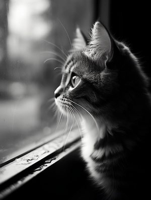 A little cat quietly looking out the window, seeming to be contemplating something, short-focus lens, shot in the evening, printed on black and white film, high-definition picture quality. v 4