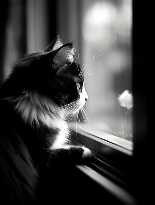 A little cat quietly looking out the window, seeming to be contemplating something, short-focus lens, shot in the evening, printed on black and white film, high-definition picture quality. v 4